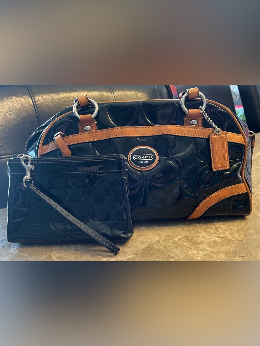 Coach Peyton Glossy Black Embossed Patent Leather Satchel With Matching Wristlet